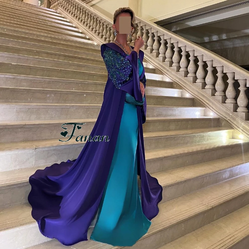 Customized Jiayigong Sparkly Cyan Satin Strapless Evening Dresses Simple With Women Cape Crystal Sheath Floor Length Formal Part