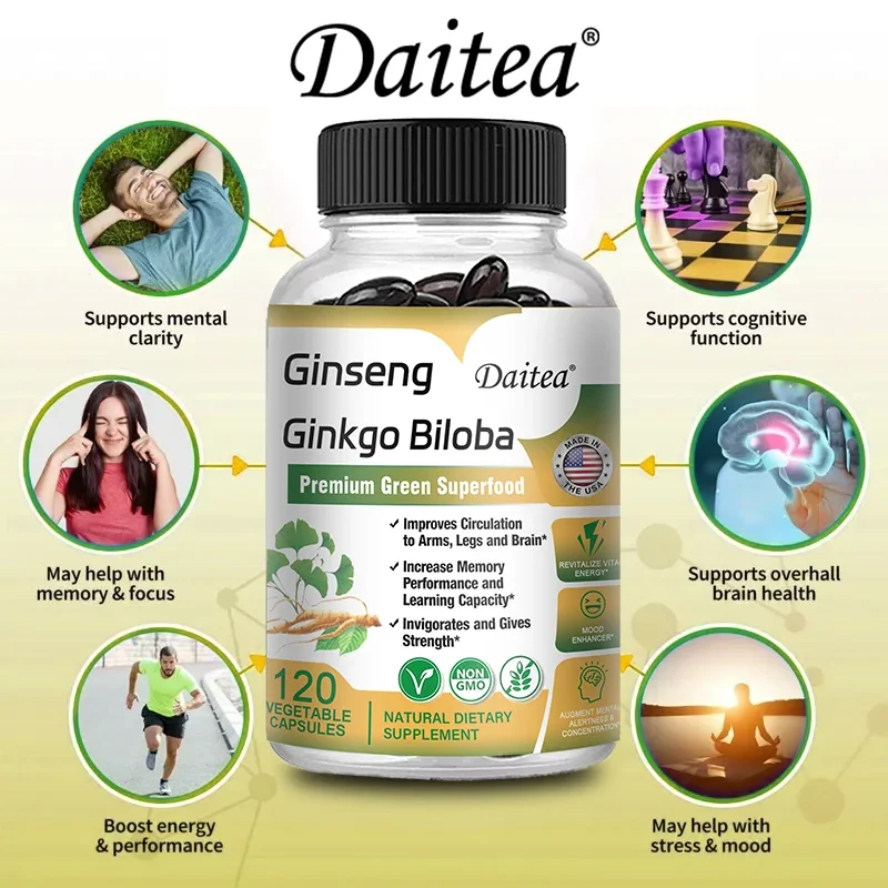 Daitea Ginseng e Ginkgo Biloba Cápsulas, para Memória, Energia e Circulação, Premium Não-OGM, Superalimento Vegano