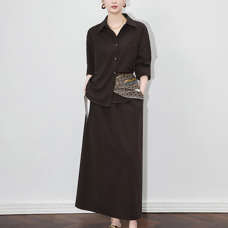 

Elegant Fashion 2 Pieces Skirts Set for Woman Loose Long Sleeve Shirt Blouse & Solid Long Skirt Office Lady Two Piece Sets