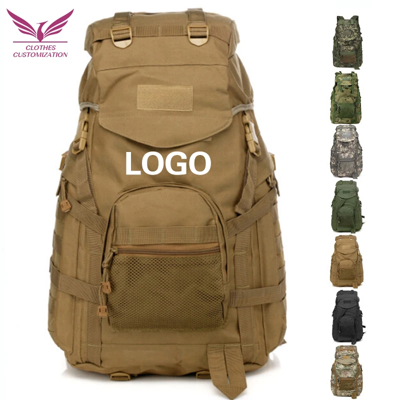 60L Camouflage Camping Mountaineering Rucksack พร้อมโลโก้ขี่จักรยานยุทธวิธีกระเป๋าเป้สะพายหลังเดินป่ากระเป๋าพิมพ์ภาพ