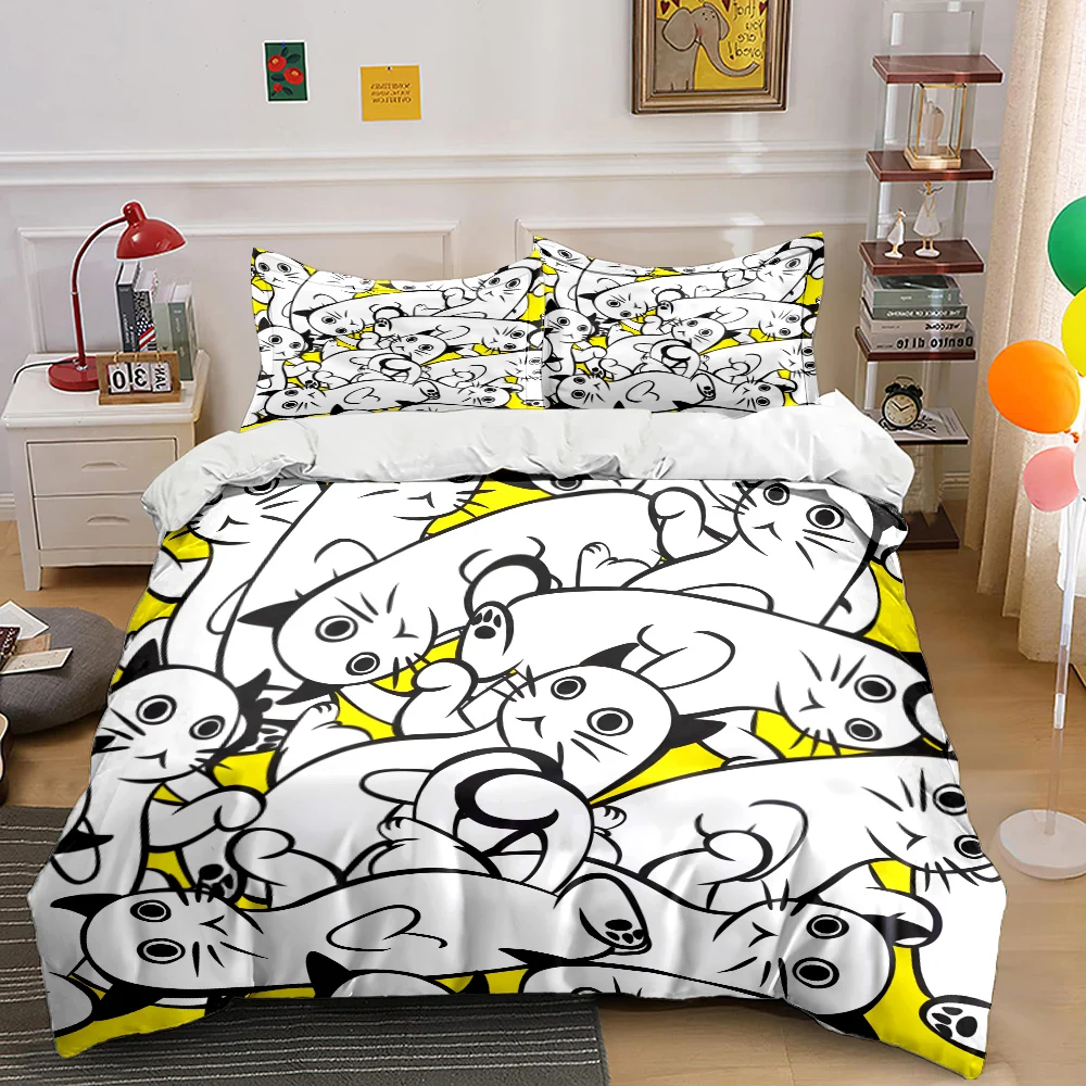 

Cartoon cats yellow background Print Bedding Set 1 Duvet Cover 2 Pillowcases for Adult and Children Luxury Gift Full Size