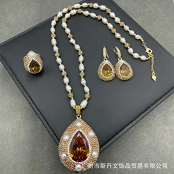 New Sudanese stone color-changing stone inlaid with freshwater pearls, medieval jewelry necklace, four-piece set of niche light-