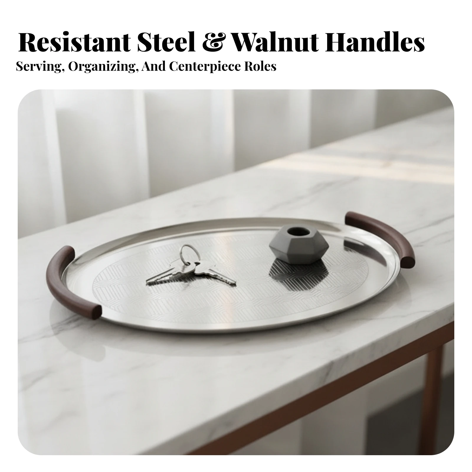 Stainless Steel Tray with Wood Handles Sturdy Oval Tray with Handles Long-Lasting Multi-Purpose for Entryway, Office