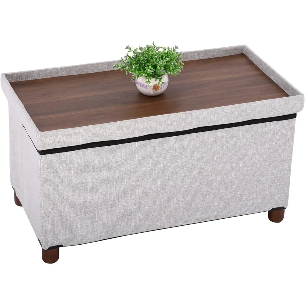 

30 Inches Storage Ottoman Bench With Wooden Legs for Living Room Foot Stool Linen Fabric Footrest freight Free Furniture