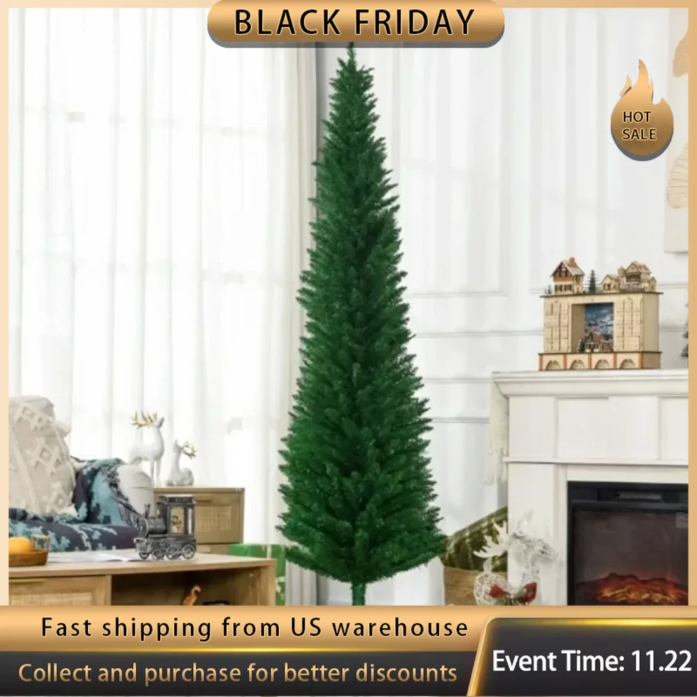 The 7-foot-tall artificial Christmas tree comes in a slim pencil pattern, with 499 branches adding a lush look to the tree