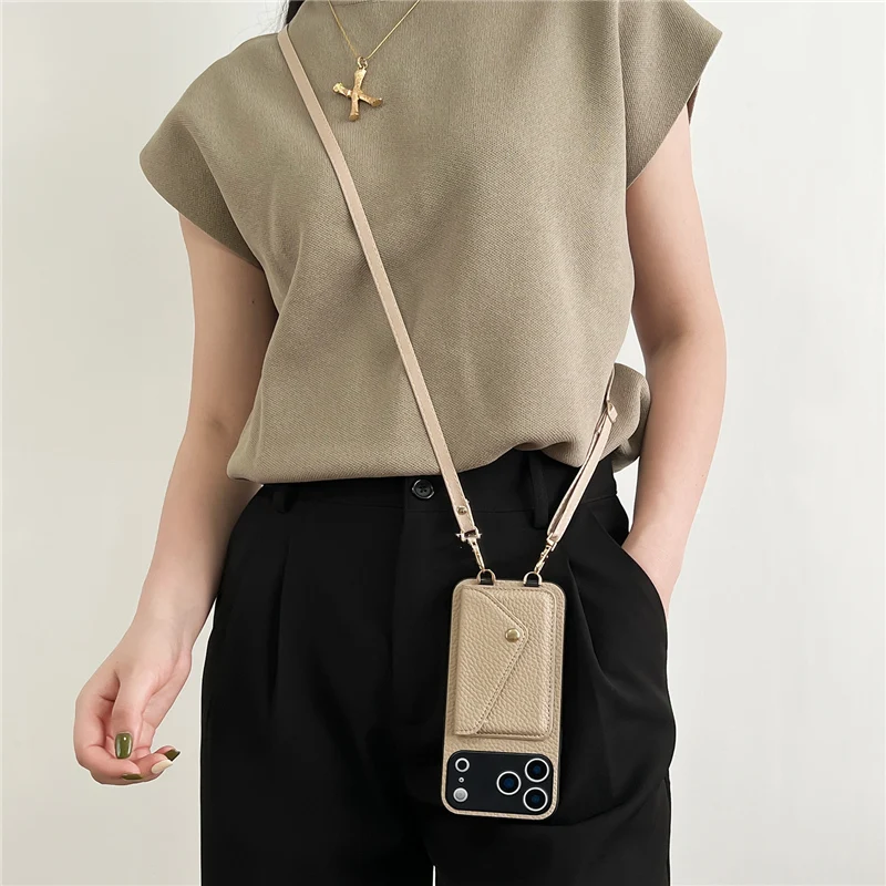 

Crossbody Strap Lanyard Wallet Leather Phone Case For iPhone 17 16Pro 15 17Pro Max Camera Lens Protection Card Pocket Back Cover