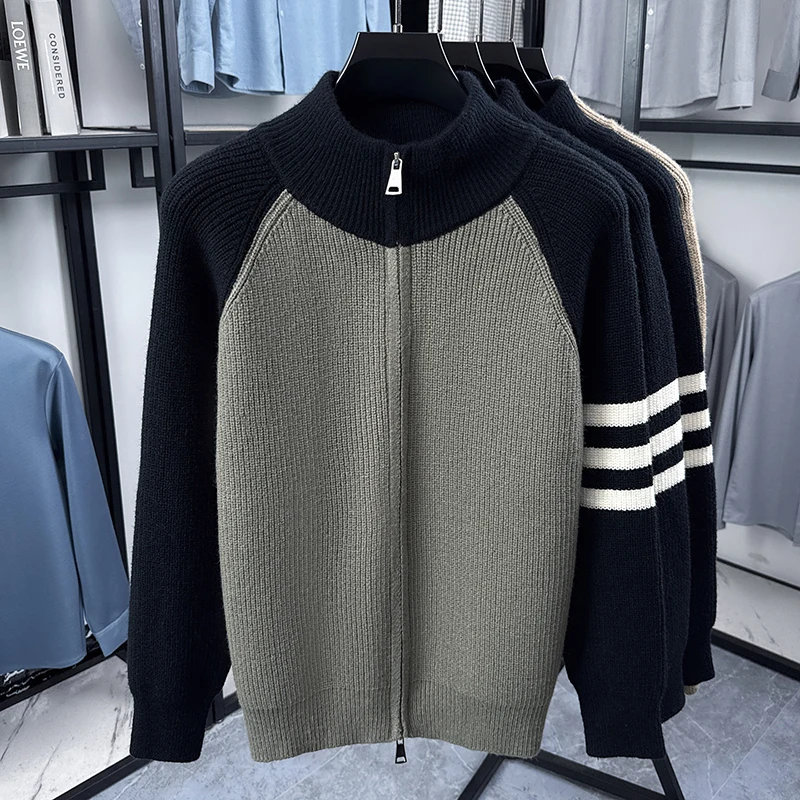Hochwertige Herren-Strickjacke, Modemarke, gestreift, mit Reißverschluss, Stehkragen, Herbst/Winter, neuer, personalisierter, lässiger Pullover-Mantel – Detail 8