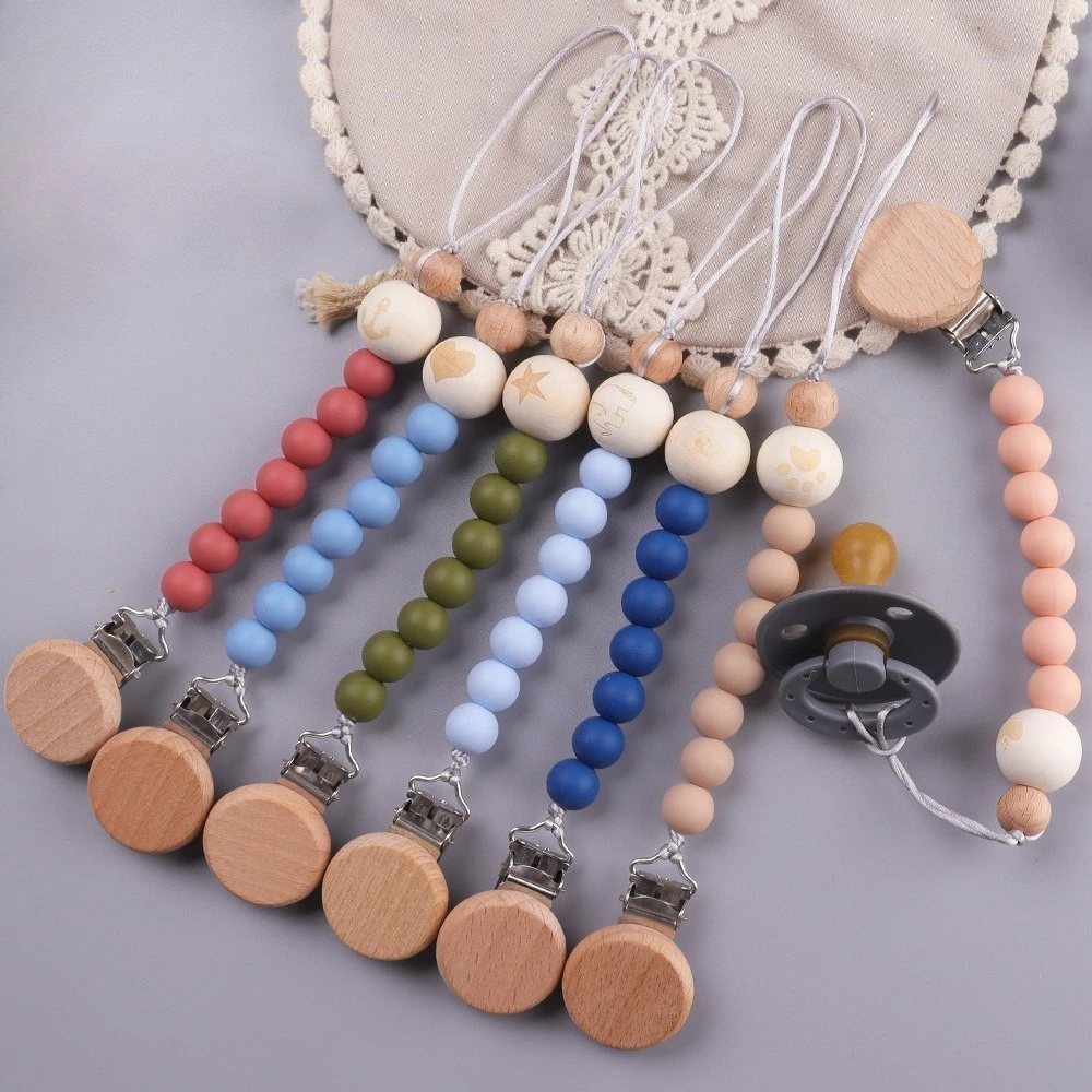 

Деревянный держатель для детской соски Kawaii с силиконовыми бусинами, прорезыватель-грызунок для младенцев, цепочка-непроливайка, игрушка для прорезывания зубов новорожденных, держатель для соски-пустышки
