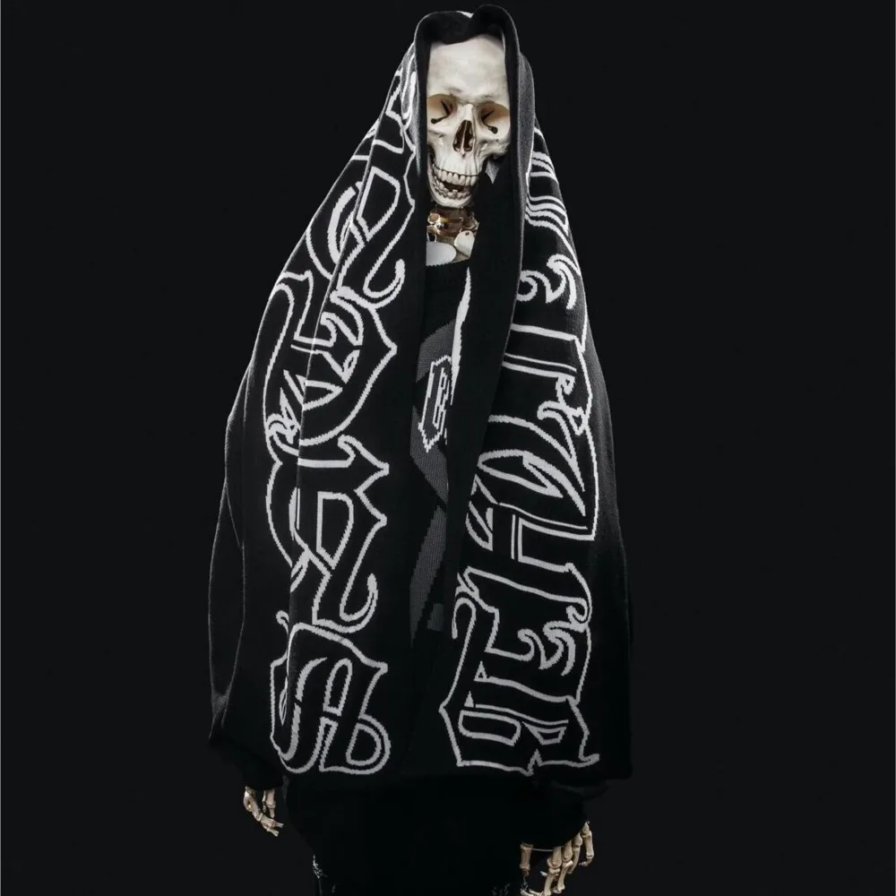 Harajuku Men Winter Knitting Scarves Satan Club Graphic Hip Hop Unisex Shawl Scarves Gothic Kpop Warm Scarf Women Y2K Streetwear