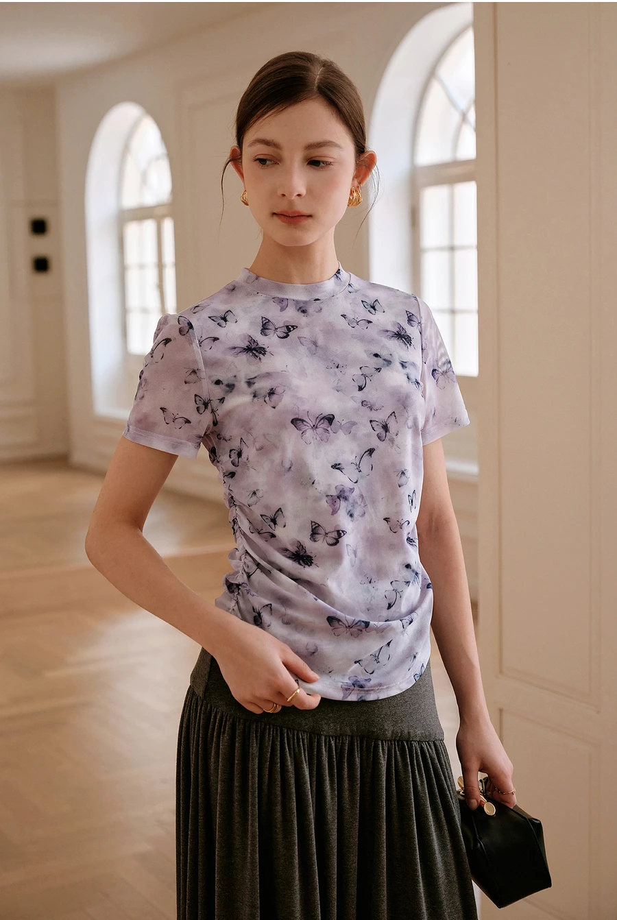 

OLrain Women T-Shirt Mesh Romantic Printed Tees 2025 New Elegant Crew Neck Purple Tops Middle-Aged Women's Clothing O57XT91836