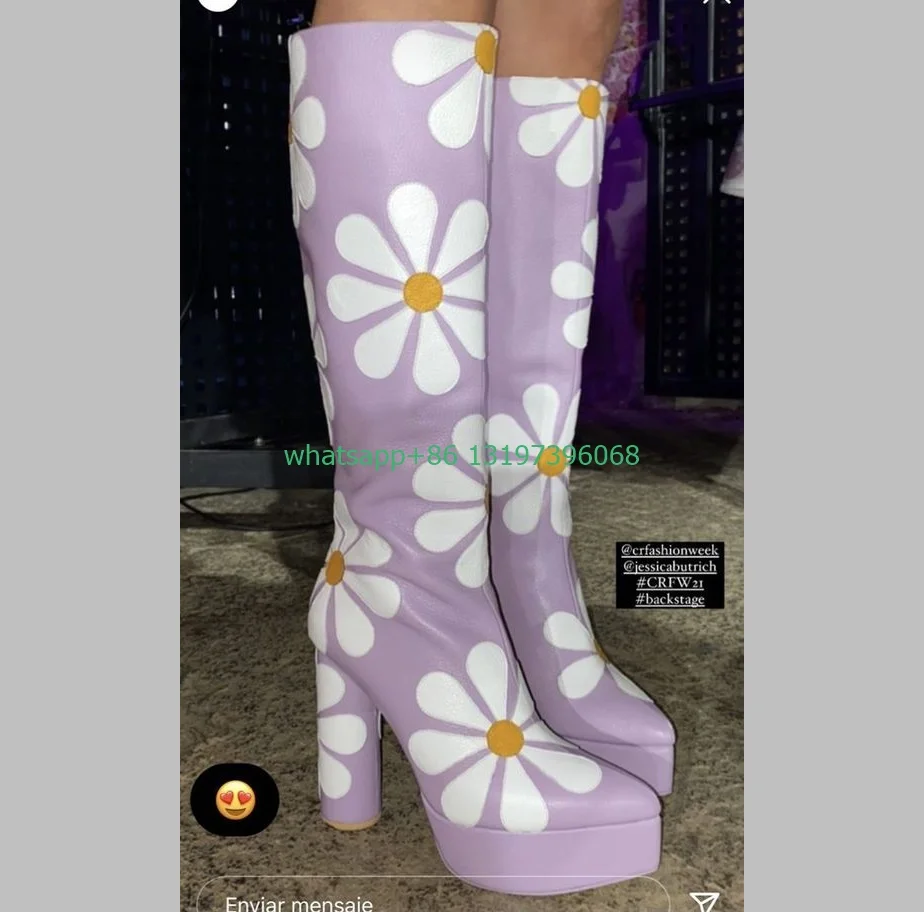 Lady purple color printed knee boots pointed toe platform colorful chunky heel boots elegant Mary jean shoes causal new running