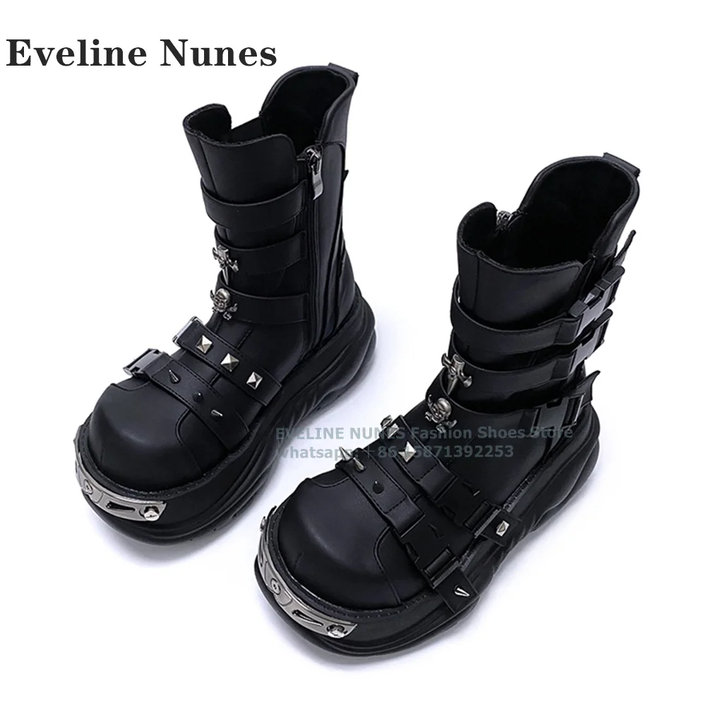 Metal Skull Rivet Platform Ankle Boots Big Round Toe Height Increasing Belt Buckle Side Zipper Punk Knight Boot Subculture Style