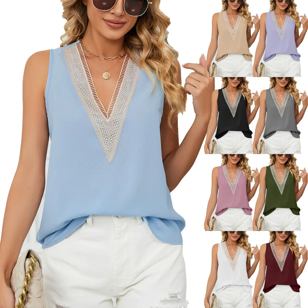 2024 European and American Summer Solid Color Chiffon Shirt Loose V-neck Pullover Sleeveless Top Vest