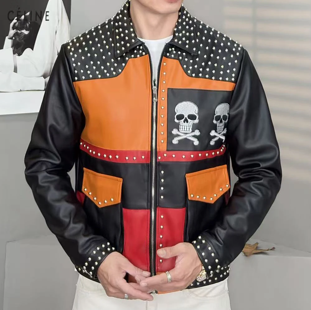 

Top Quality Motorcycle Jacket Metal Rivet Decoration Mens Leather Jacket Luxury Punk Club Outfit Jacket Men Jaqueta Bomber