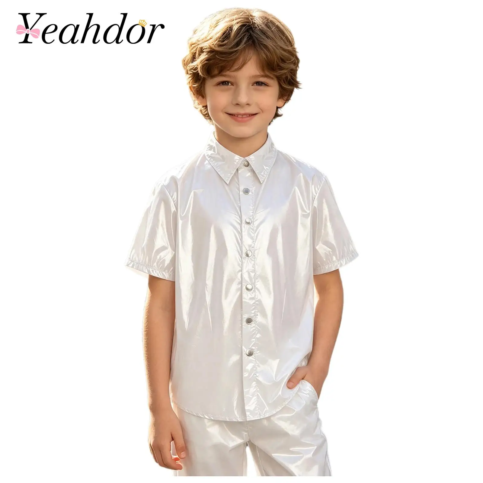 Kids Dress Shirts for Boys Girls Water-resistant Shirt Turn-down Collar Short Sleeve Press Button Top for Casual Outdoors Blouse