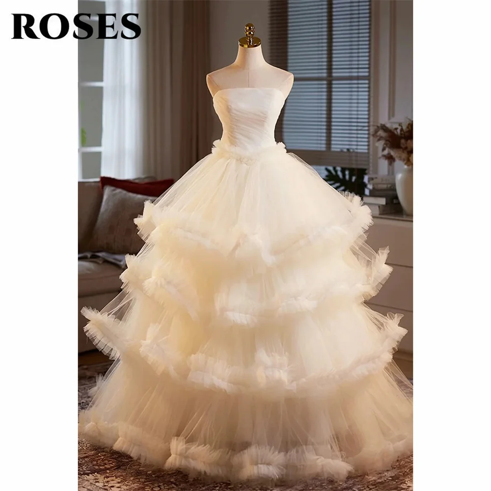 ROSES Ivory Dreamy Princess Prom Dresses Multilayered Tulle Ruffle Formal Dresses Strapless Evening Dresses for Women Customized