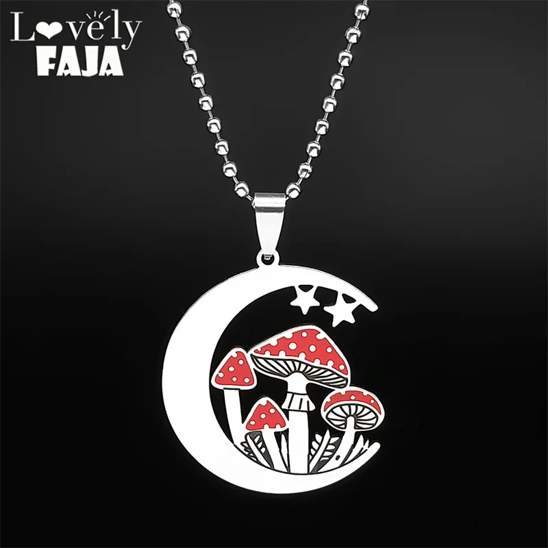 

Gothic Witchcraft Red Mushroom Car Pendant for Women Men Silver Color Chain Mirror Hanging Ornaments Crescent Moon Star Jewelry