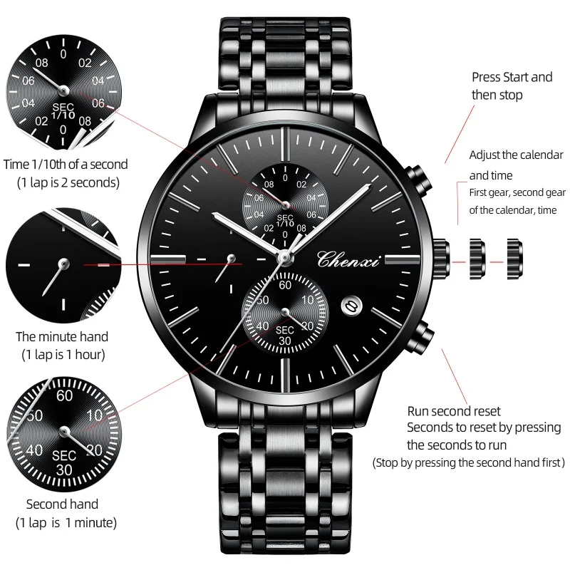 CHENXI 971 남성용 쿼츠 시계, 달력 크로노그래프 비즈니스 손목시계, 스테인리스 스틸 스트랩, 방수 클래식 남성 시계