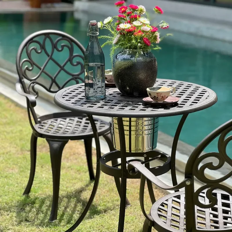 for DT010 Cast Aluminum Outdoor Furniture Set 3 Piece Garden Table and Chairs Waterproof Rust Proof with Ice Bucket Patio