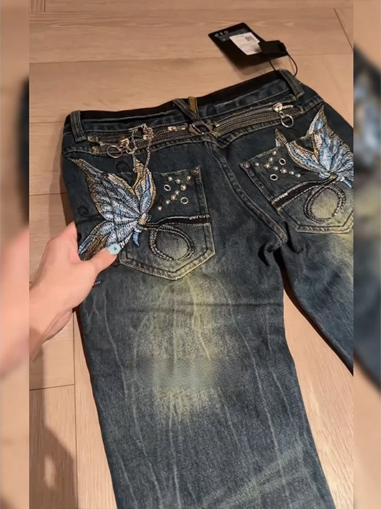 American Retro Y2K Low Waist Denim Flare Pants Women Butterfly Embroidery Rivet Zipper Decor Washed Distressed Streetwear Jeans