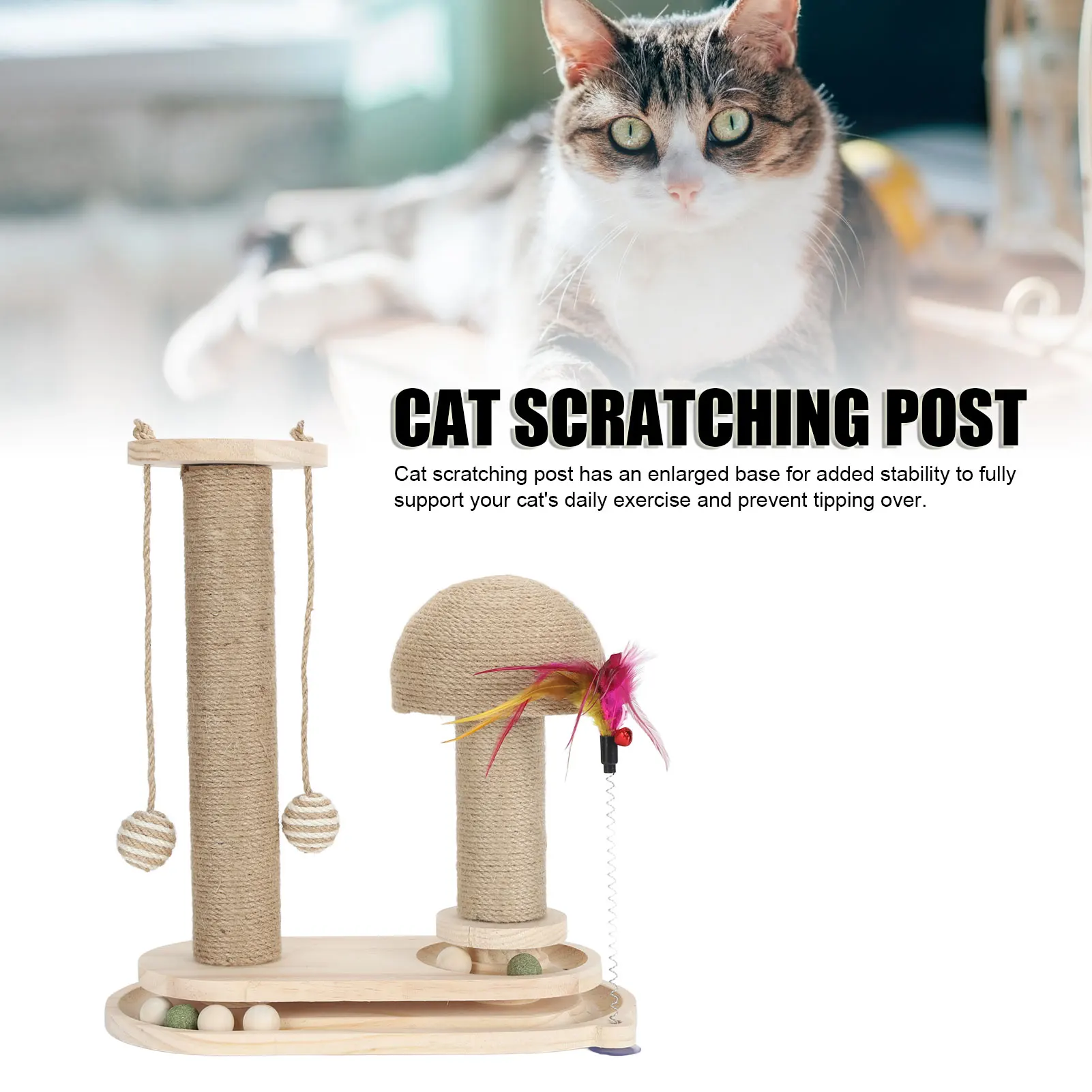 Cat Scratching Post with Teasing Wand, 2 Layer Ball Track, Interactive Tall Kitten Scratcher, Indoor Cats, Oval Turntable