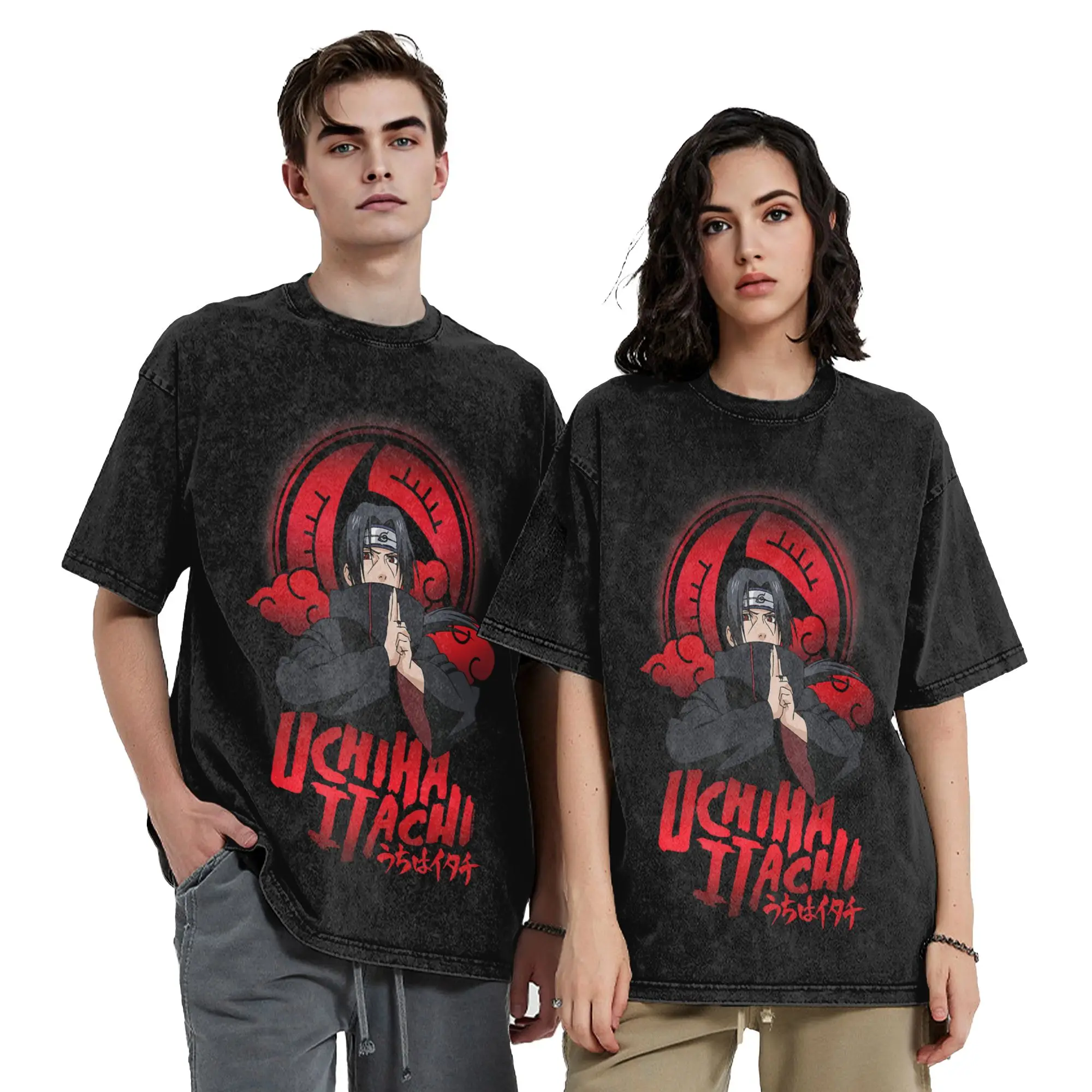 Camiseta Lavada con Símbolo Sharingan de Uchiha Itachi y Nubes, Camiseta de Anime Naruto, Estilo Hip Hop, Harajuku, Streetwear