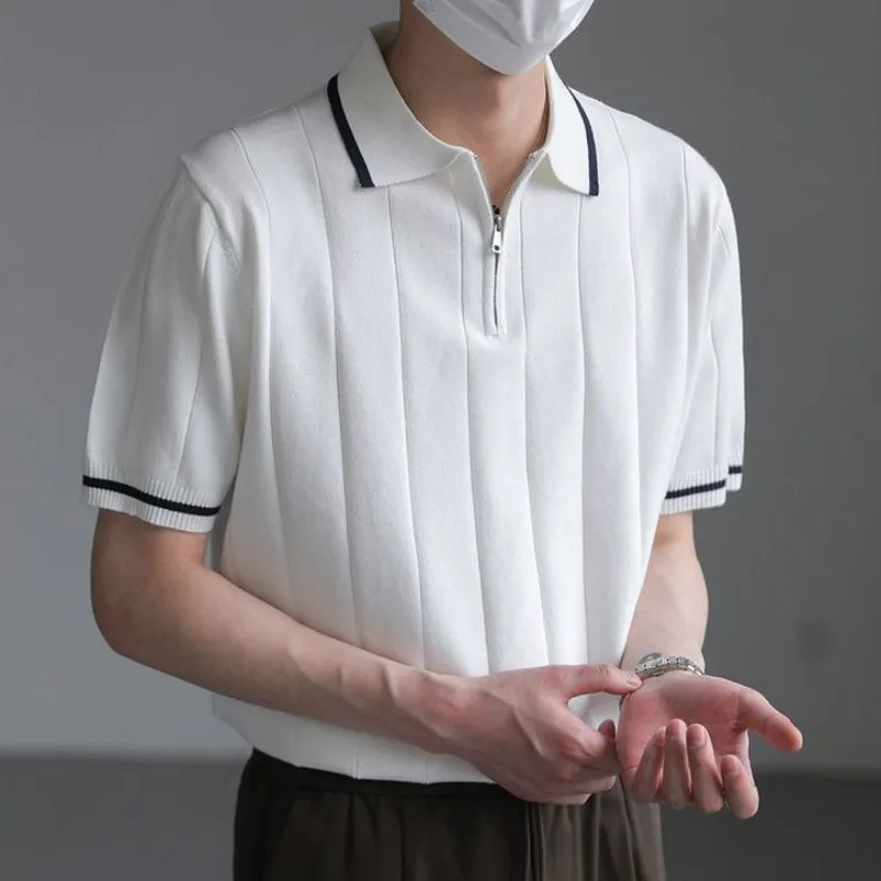 Summer Half-Zip Lapel Short Sleeve Knit Polo Shirt Men's Korean Streetwear Business Casual Top