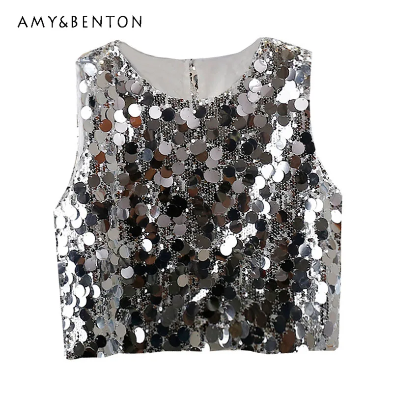 

European Camisoles High-End Shining Sequined Short Vests Fashion Design Sense Youthful-Looking Temperament Top Tanks For Women