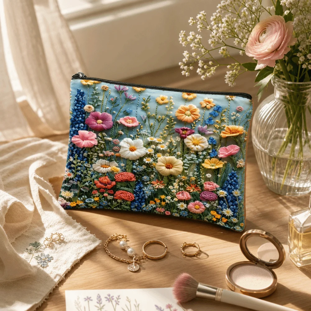 Floral Toiletries Organizer Canvas Double-sided Printed Flower Makeup Bag Large Capacity Zipper Pouch Cosmetics Storage Bag