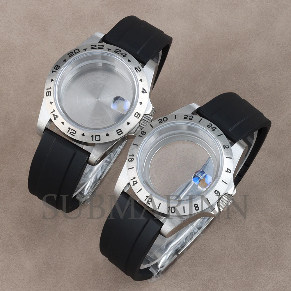 39mm EXP 24 Hours GMT Solid Steel Bezel Watch Case Sapphire Glass for Explorer 2 Case FIT seiko Nh34 Nh35 Nh36 NH38 Movement