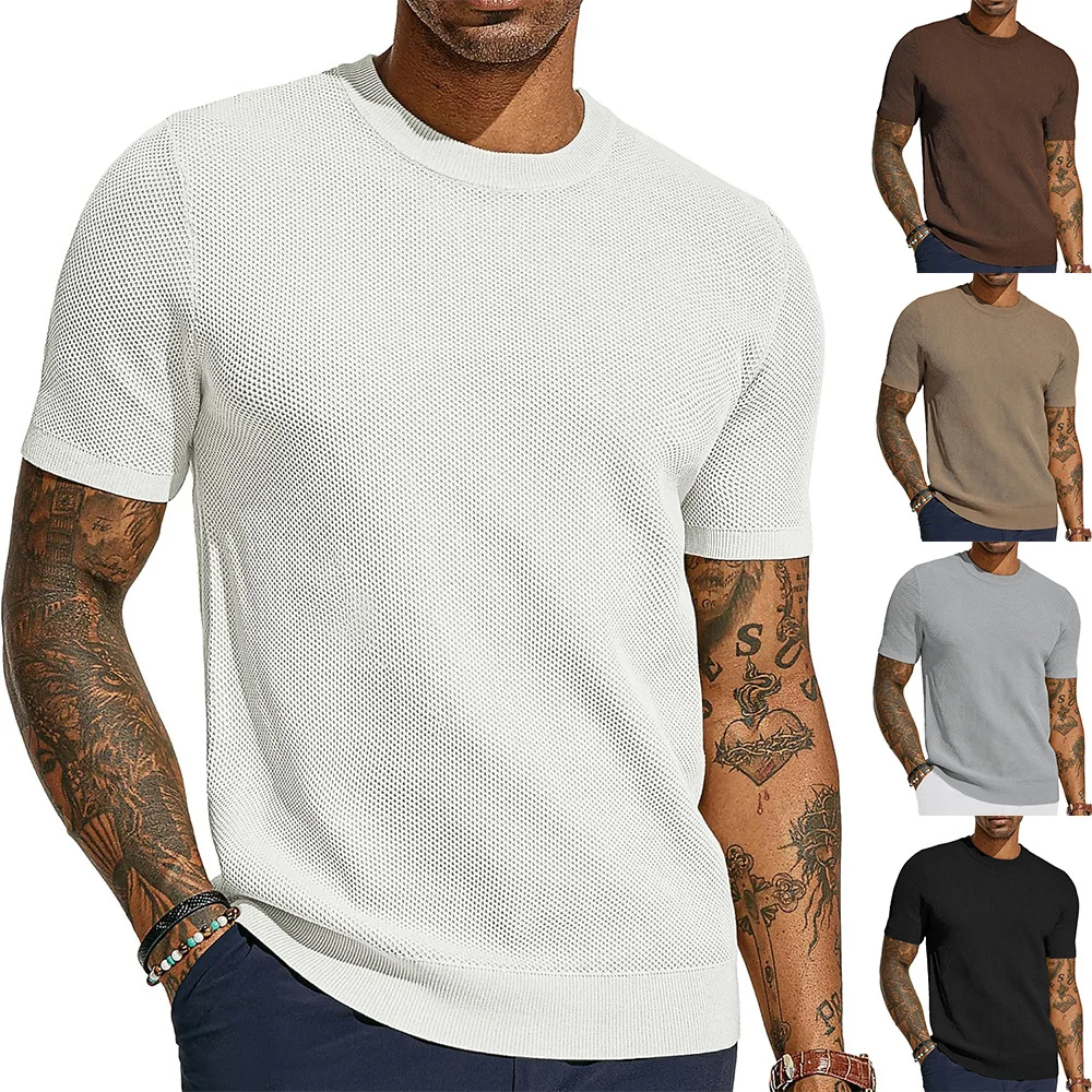 

Летняя модная футболка 2026 года в американском стиле: трикотажная, с круглым вырезом, приталенная, однотонная, с коротким рукавом