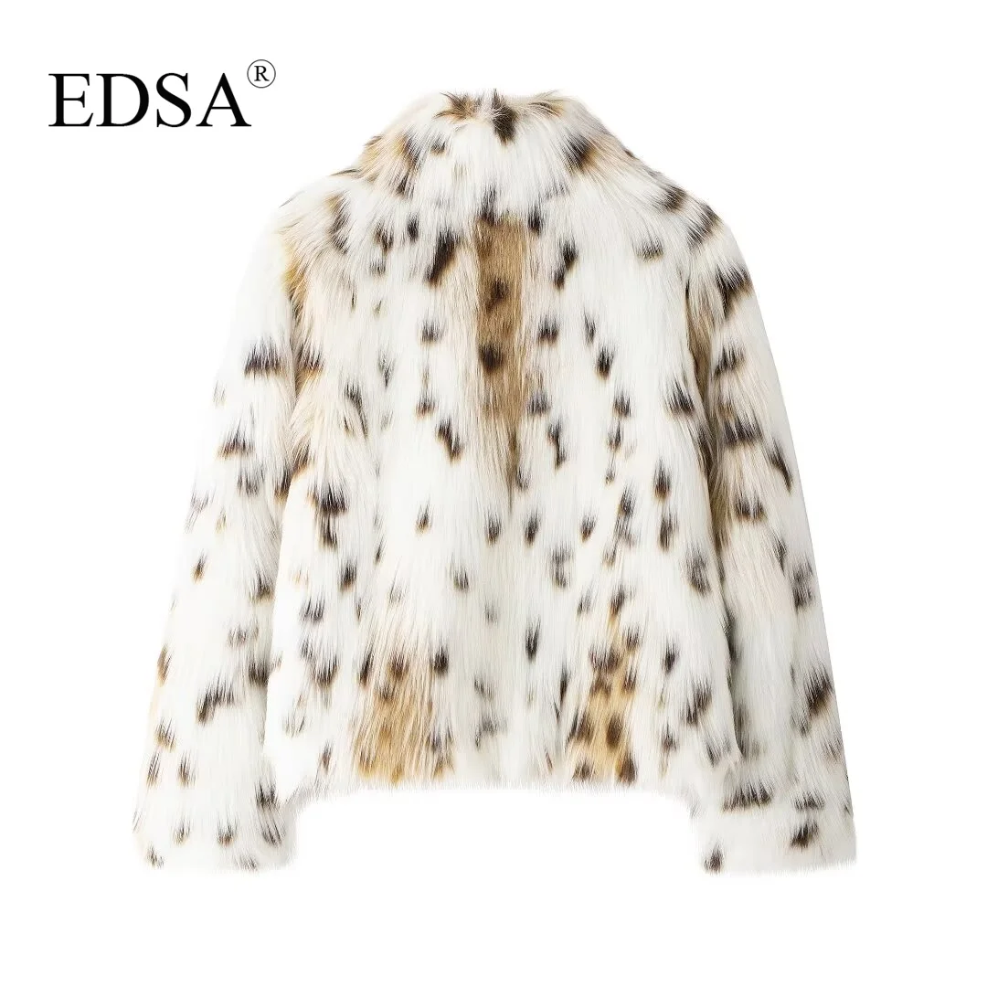 EDSA Women Luxury Faux Fur Jacket Leopard O-neck Full Sleeves Female Open Stitch Autumn Winter High Street Loose Warm Lady Coat