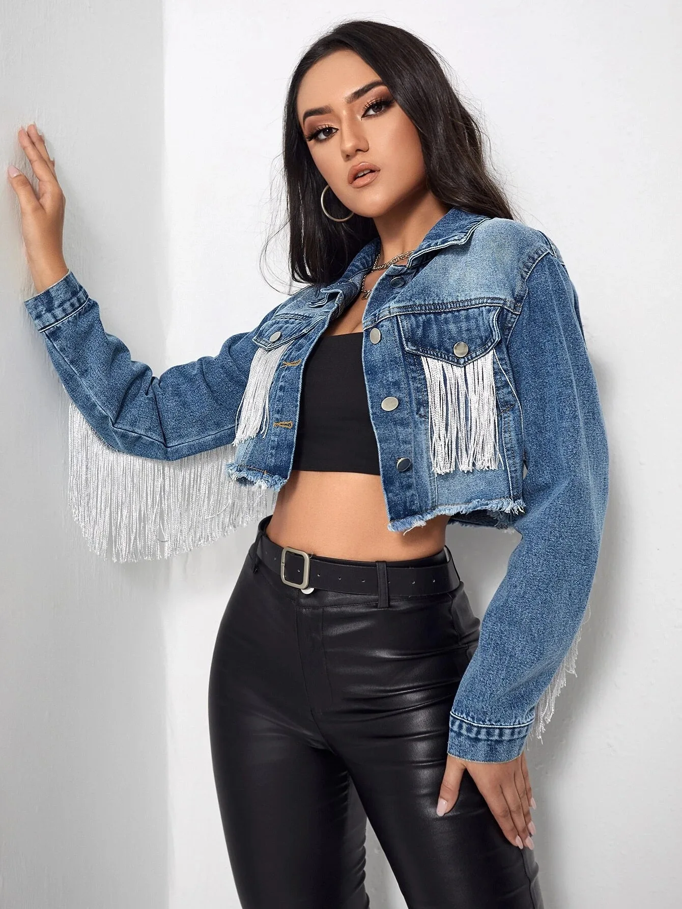 FTLZZ Women's Fringe Jacket Tassel Cropped Denim Jacket Raw Hem Ripped Crop Jean Jackets