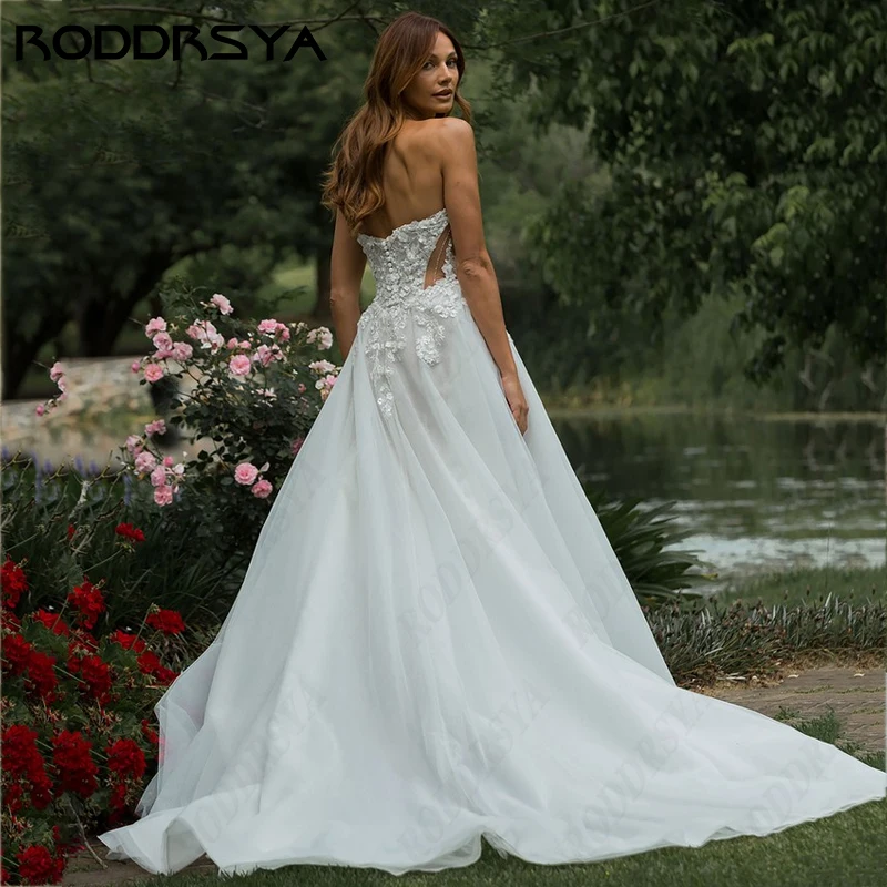 RODDRSYA-Vestido De novia De encaje sin tirantes, prenda elegante con estampado 3D romántico, línea A, ilusión De fiesta, botón, espalda descubierta-Vestido De novia De encaje sin tirantes, prenda elegante con estampad