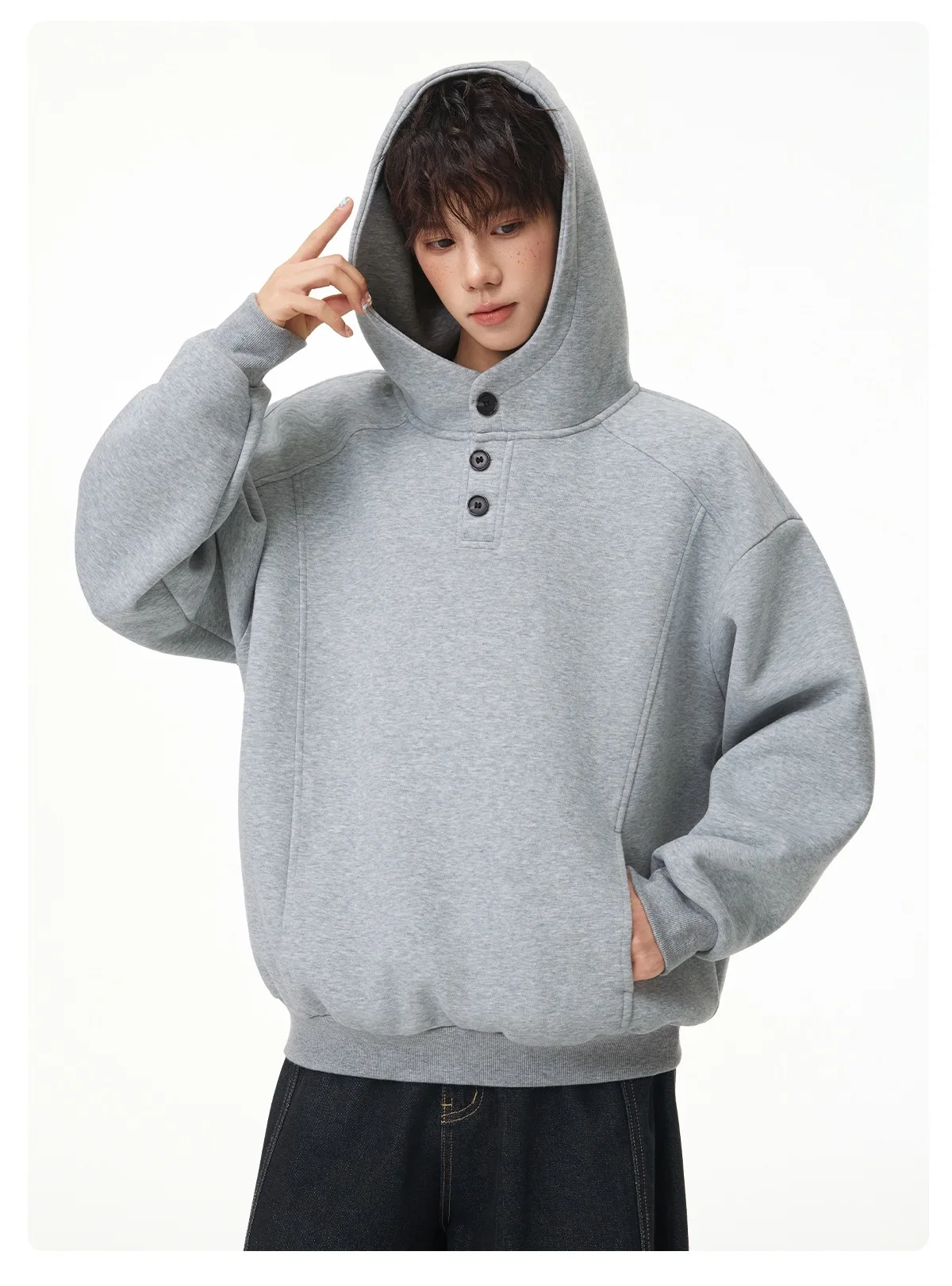 Autumn Winter New Button Half High Neck Hoodie for Men Korean Fashion Harajuku Simple Solid Men's Casual Loose Hooded Sweatshirt