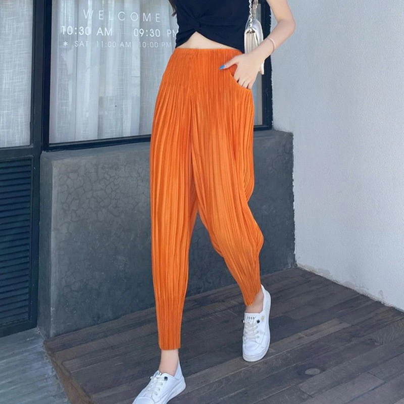 

Spring SummerWomen Harem Pants Loose Miyake Pleated High Waist Casual Carrot Trousers Ladies Solid Color Pocket Joggers Clothes