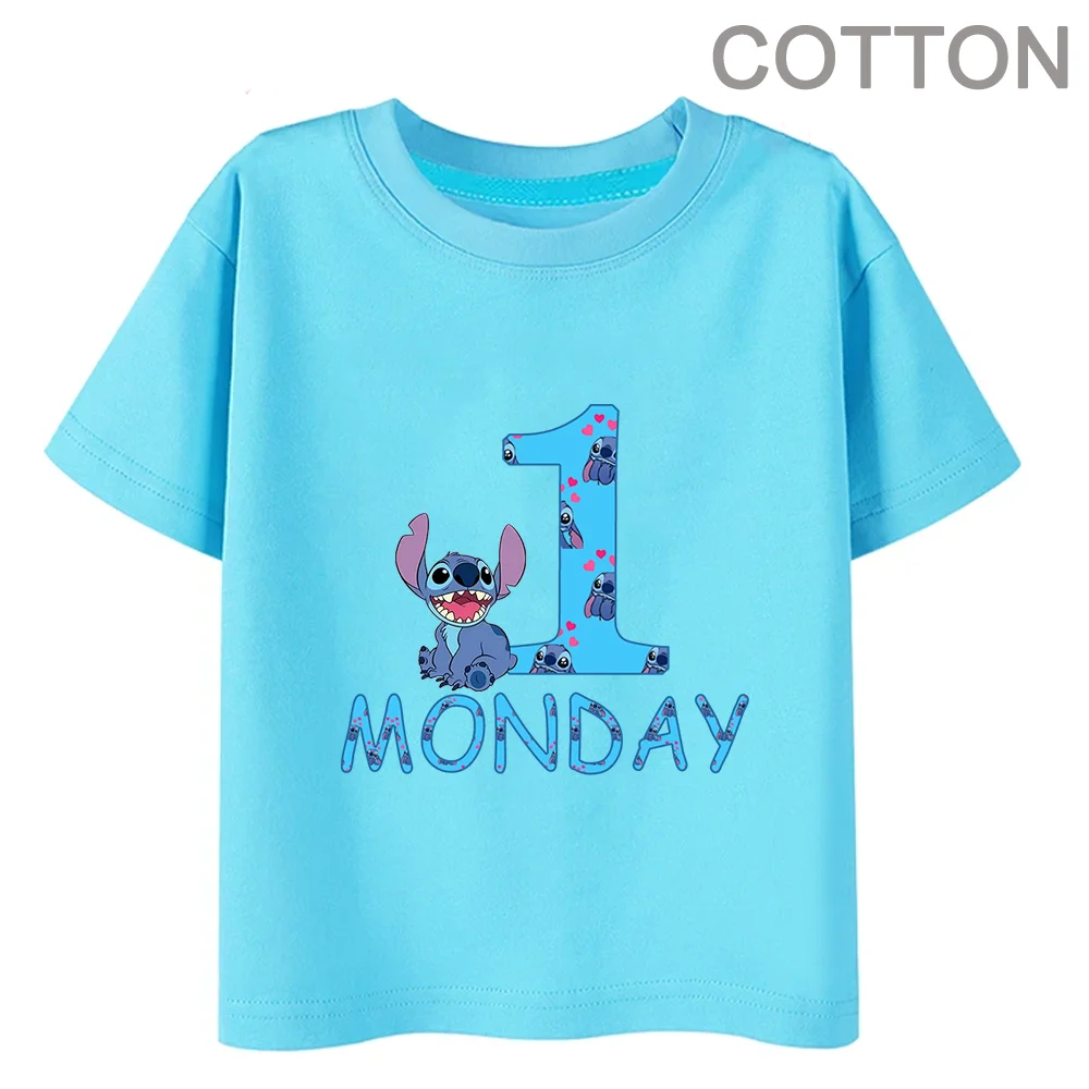 

Blue Stitch Anime Girls Boys Cotton Summer Children's Multiple Cartoon T-shirts Week Number 1234 Round Neck Casual Short Sleeve