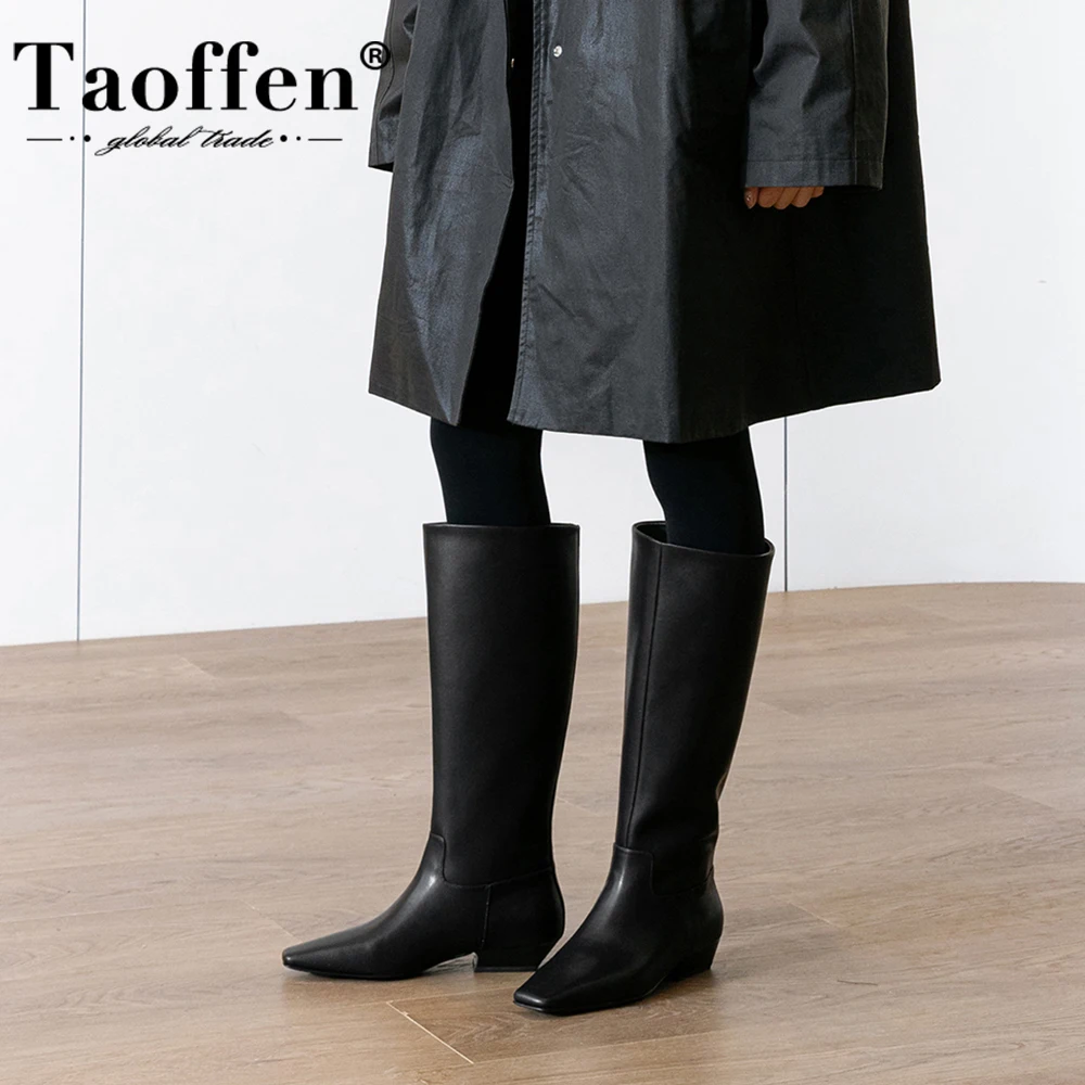 Taoffen Wide Calf Knee High Boots Women Fashion Stone Pattern Square Toe Thick Low Heels Long Boots Ladies Winter Slip On Boots