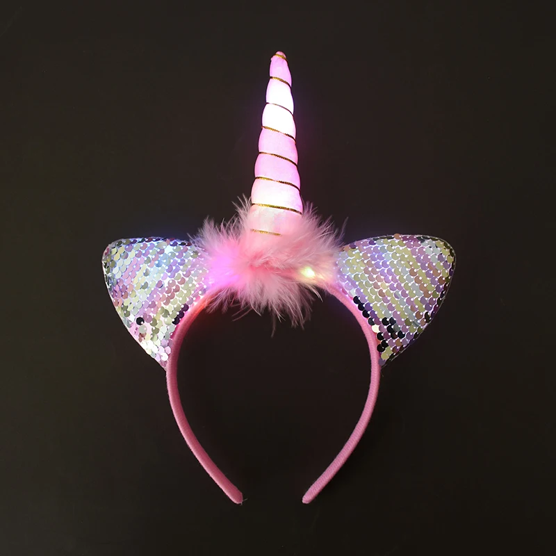 LED Light Unicorn Headband Kids Girl Birthday Cartoon Headwear Hair Accessories Rainbow Unicorn Theme Party Decoration Supplies