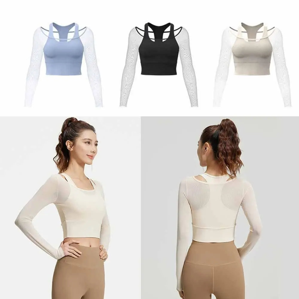 

Long Sleeved Fitness Yoga Top Fixed Chest Pad Mesh Splicing Women Sports Top Slimming Design High Elastic Workout T-shirt