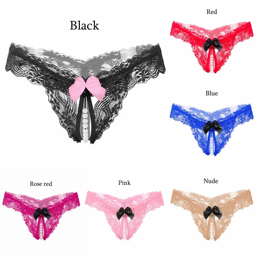 Fashion Lingerie Knickers Pearl Lace G-string Sexy Thongs Panties Open Crotch Crotchless Underwear