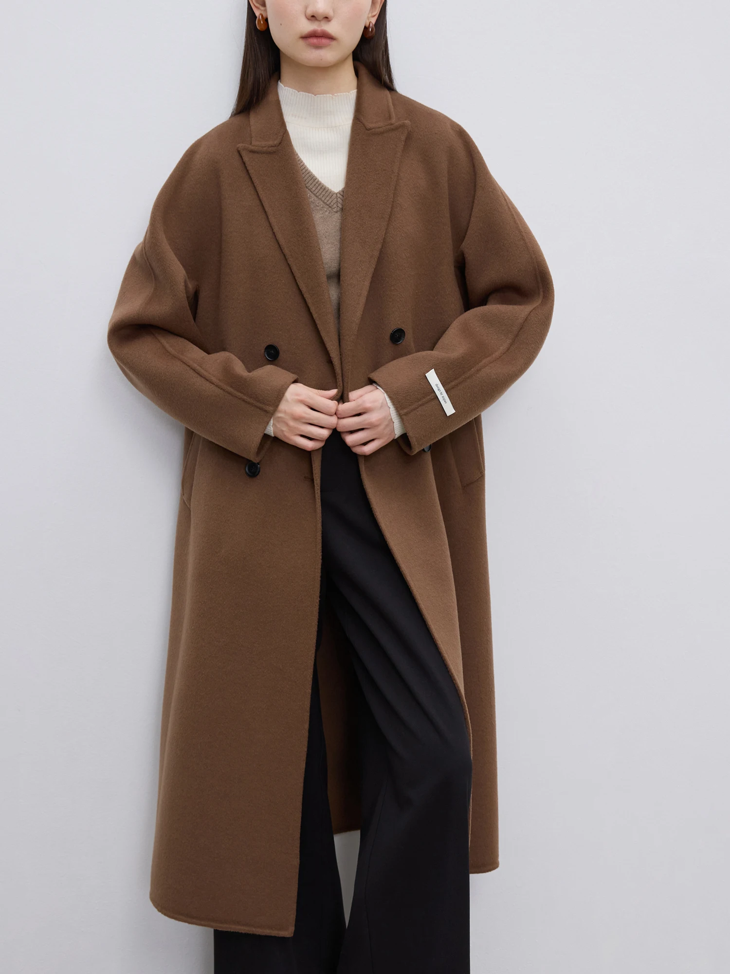 ZIQIAO 100% Wool Coats Classic Double Breasted Long Woolen Jackets Raglan Sleeve Caramel Brown Temperament Coat 24ZQ94368