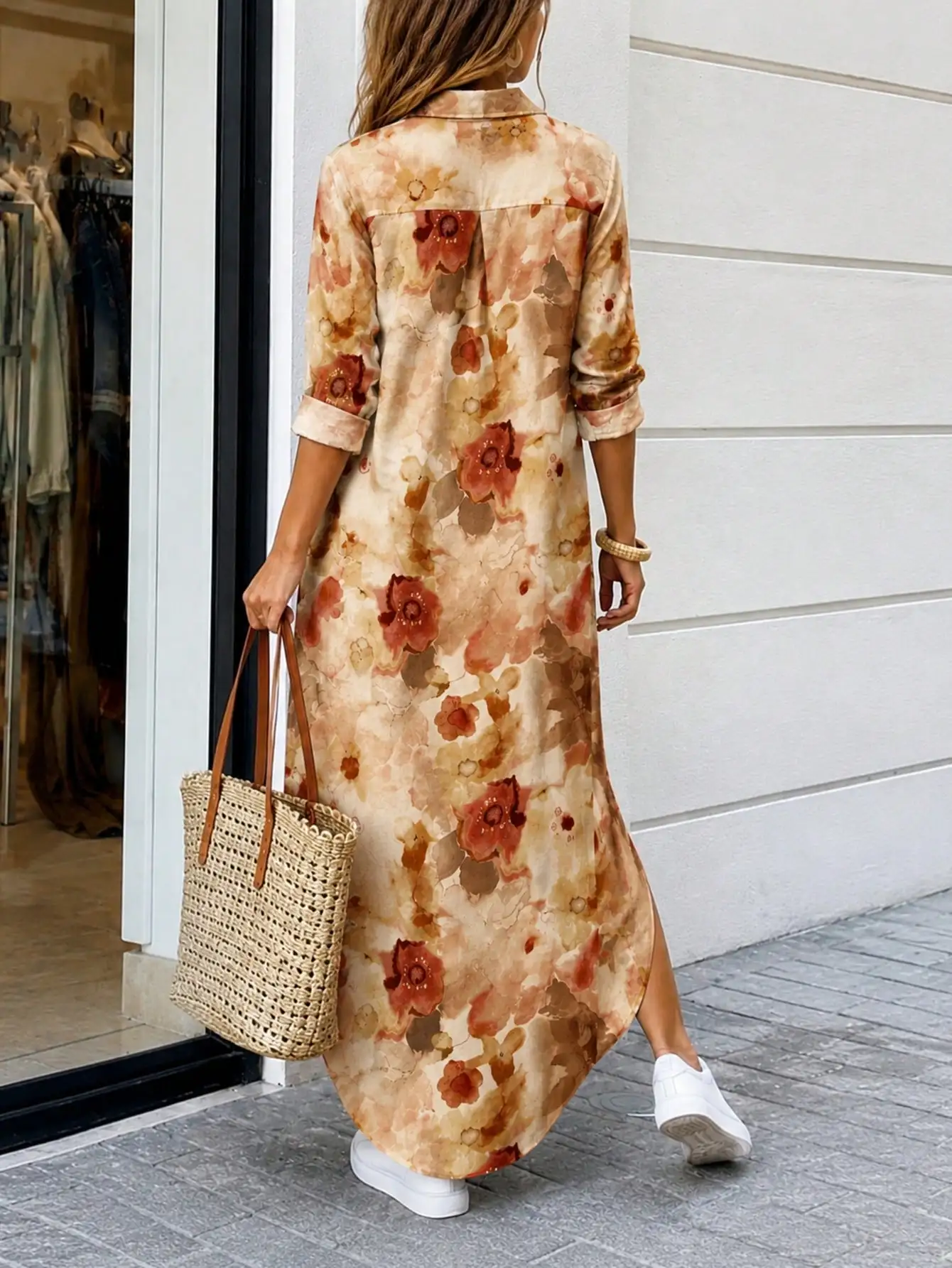 Summer Loose-Fitting Printed Shirt Dress for Women, Long Dress with Lapel Collar and Button-Up Cardigan Style, Casual Vacation Beach Commute Outerwear Dress view 6