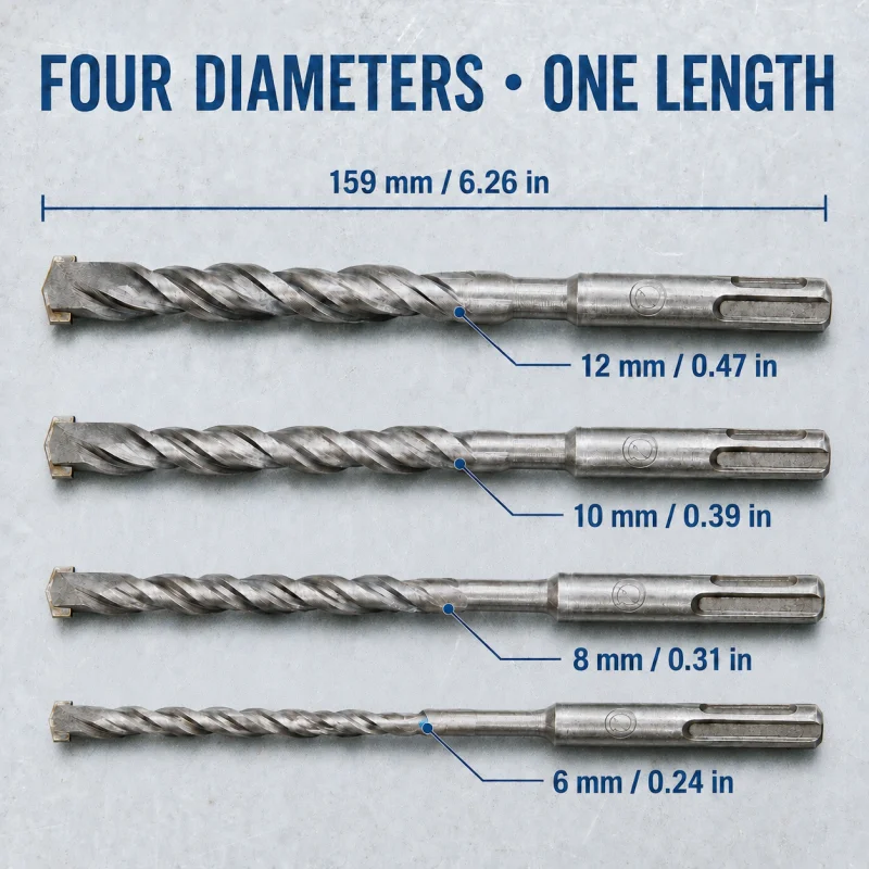 4Pcs SDS Plus Masonry Drill Bits Set, Carbide Tip Twin Spiral Flute 6/8/10/12mm for Drilling Concrete, Brick, Stone & Cement Wal