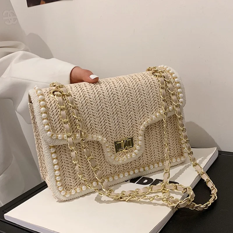 Small Square Bags for Women 2023 New Pearl Fashion Woman Shoulder Bag Summer Party High Quality Luxury Straw Woven Crossbody Bag