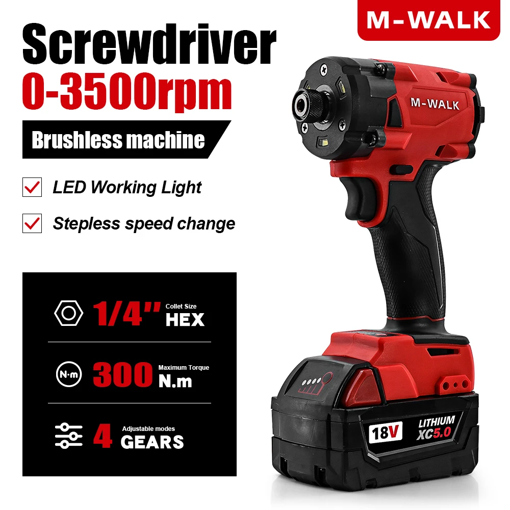 

M-WALK Brushless Electric Drill Motor Impact Driver Screwdriver Cordless Rechargeable Power Tools For Milwaukee 18V Battery Pin