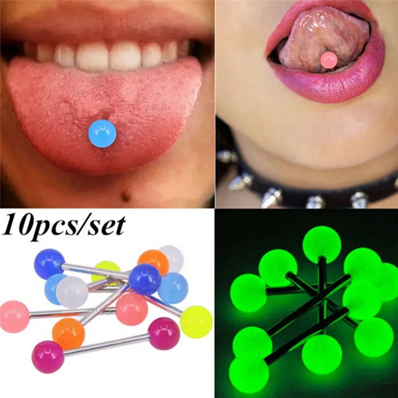 10 PCS/Set Luminous Bola Barbell Stud Tongue Anéis Bares Body Piercing Jóias