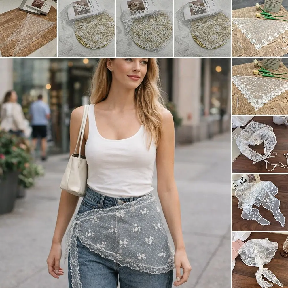 

Вышитый кружевной треугольный платок-косынка в пасторальном стиле с ажурным узором, белый, с цветочным кружевом, аксессуар для волос