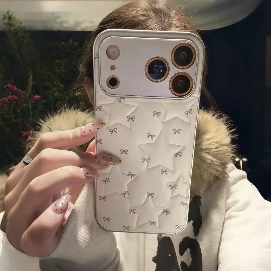 

For iPhone 17 16 15 14 13 12 11 Pro Max Case Cute White bowknot Star Star Pattern Phone Cases Shockproof Cover