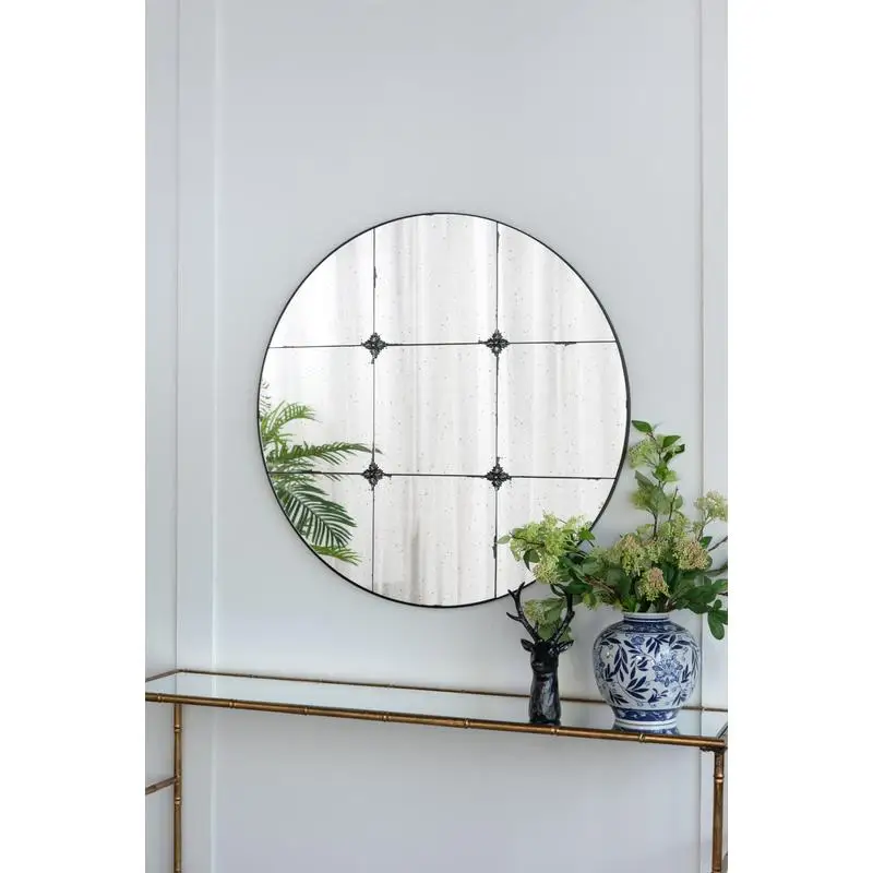 

Traditional Round Antique Glass Wall Mirror, Decorative Wall Accent for Bathroom, Entryway, or Console, Leaning Against Wall